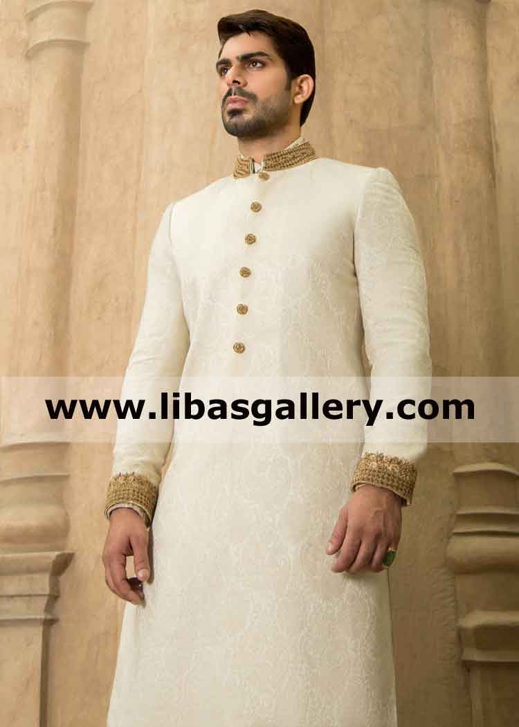 Jamawar Banarsi off white Wedding Sherwani Gold work