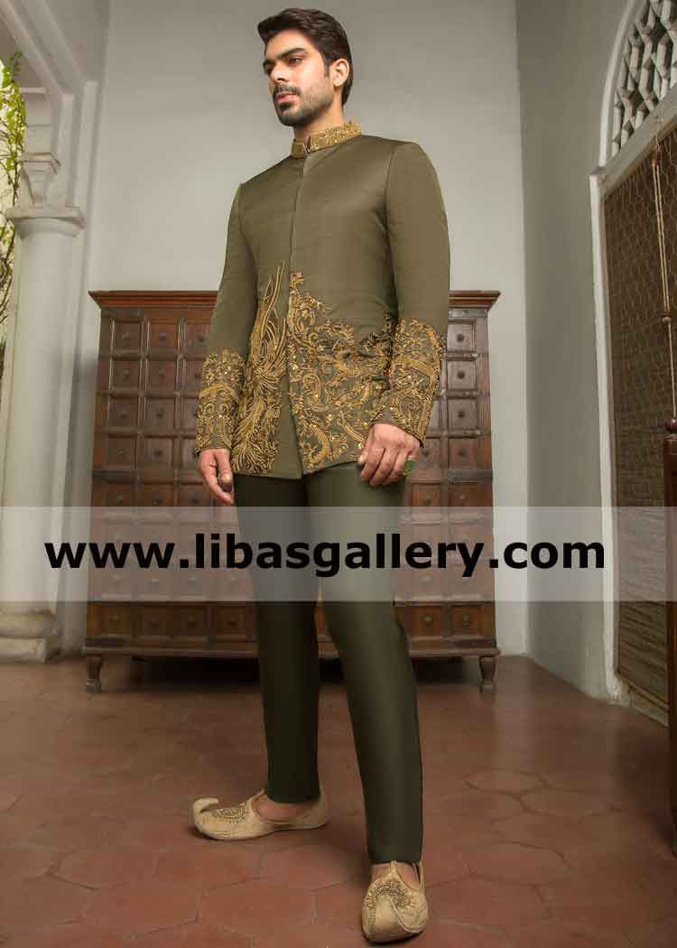 Mehndi Prince coat for Groom front and Arm hand work