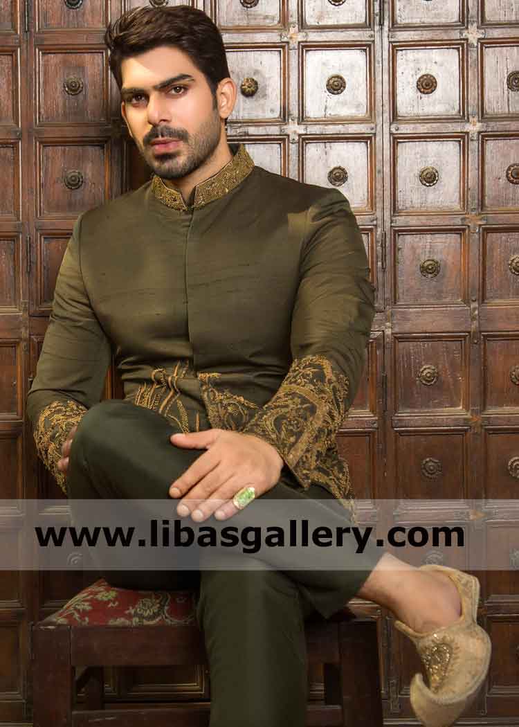 Mehndi Prince coat for Groom front and Arm hand work