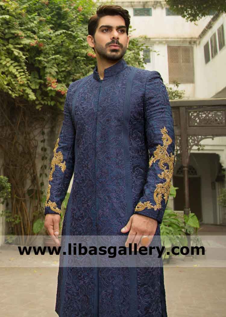 Computer Embroidered Blue Wedding Sherwani for Groom work on sleeves UK USA Canada