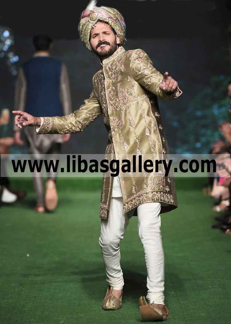 Stunning Barat Wedding Sherwani with Feather Turban