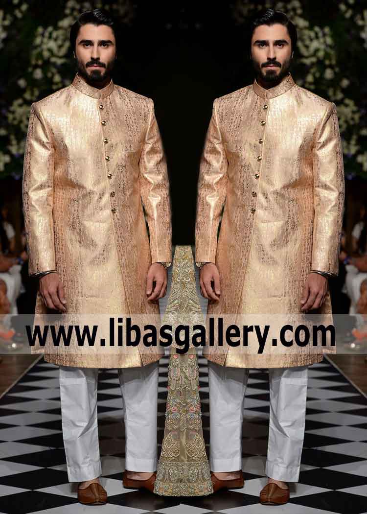 Peach Wedding Sherwani Jamawar Royal Banarsi for Nikah