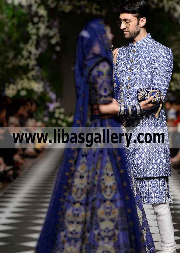 Groom Greeting to Bride in Blue Wedding Sherwani