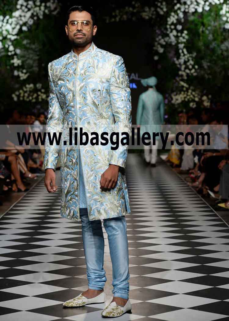 Sky Blue Full Embroidered Wedding Sherwani