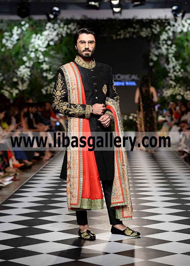 Black gold Embroidered jamawar Wedding Sherwani for Groom