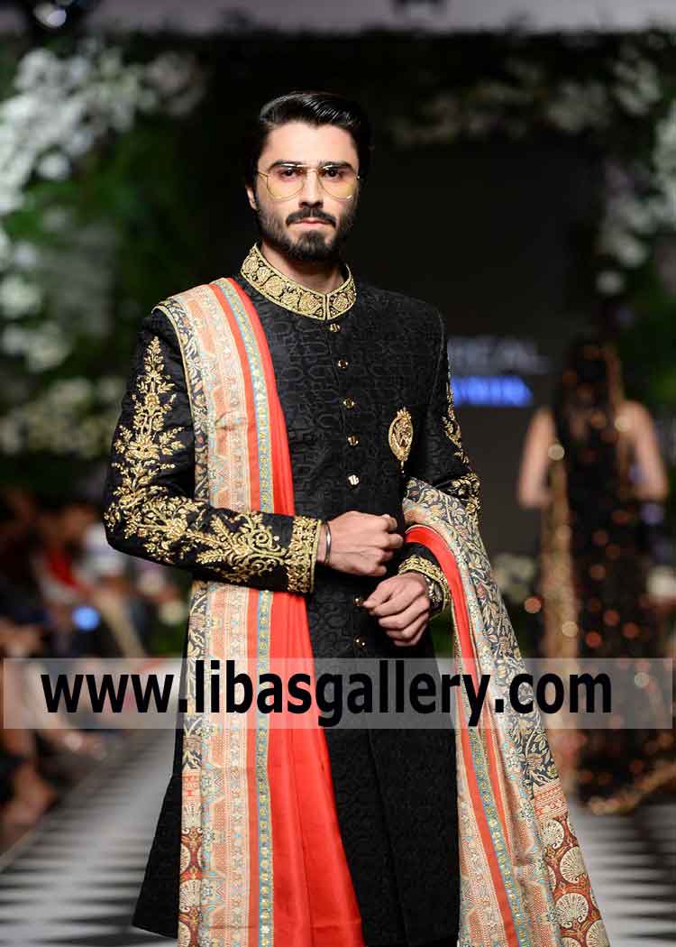 Black gold Embroidered jamawar Wedding Sherwani for Groom