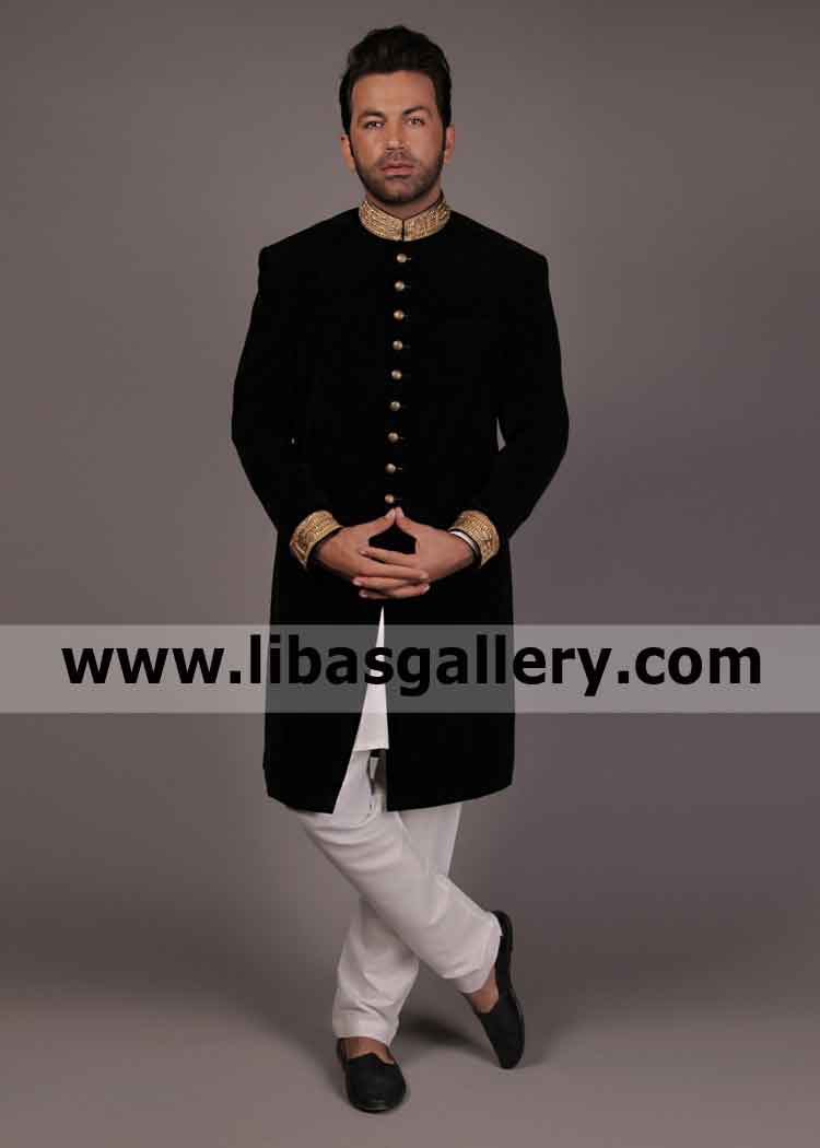 Velvet Black Embroidered Nikah Wedding Sherwani