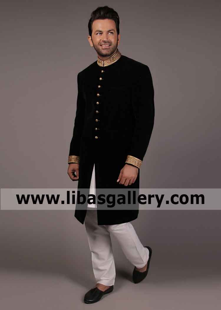 Velvet Black Embroidered Nikah Wedding Sherwani