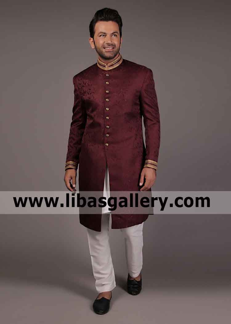 Self jamawar Stylish Scarlet Groom Wedding Sherwani
