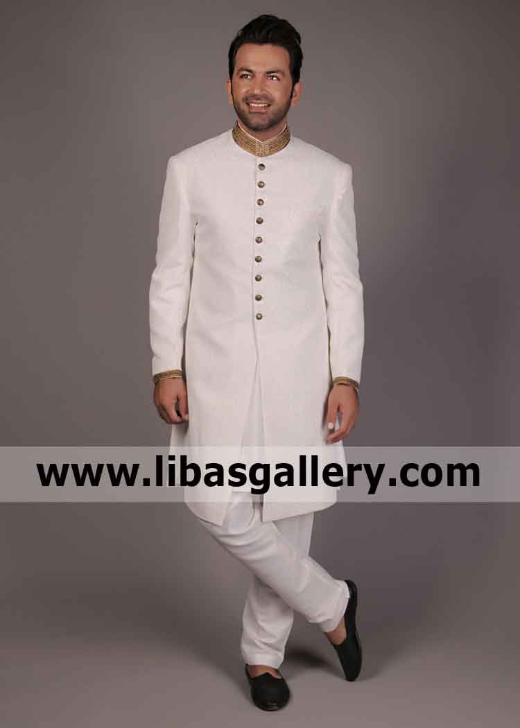 Self Jamawar off White Shadi Sherwani for Gents