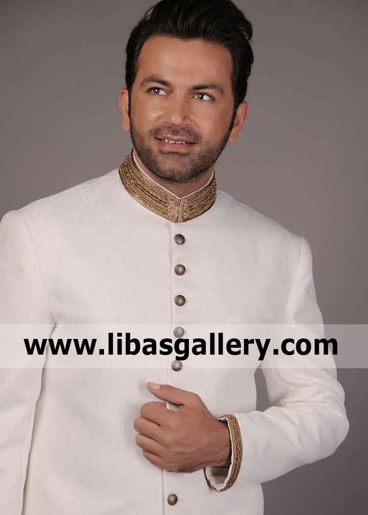 Self Jamawar off White Shadi Sherwani for Gents