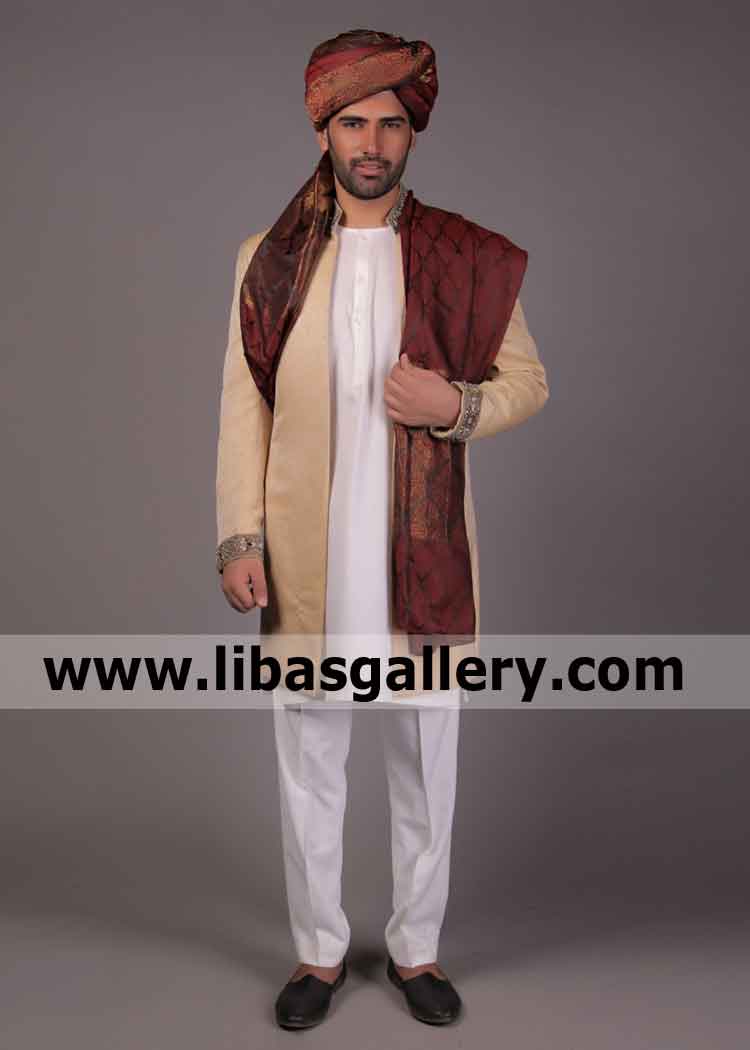 Desert Sand Designer Wedding Sherwani for Barat