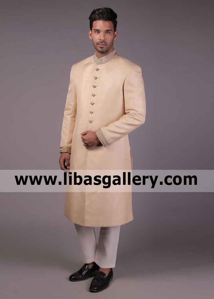 Apricot Long length Groom Nikah Barat Sherwani