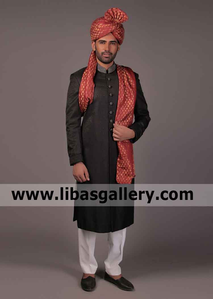 Happy Groom Barat Nikah Sherwani Black