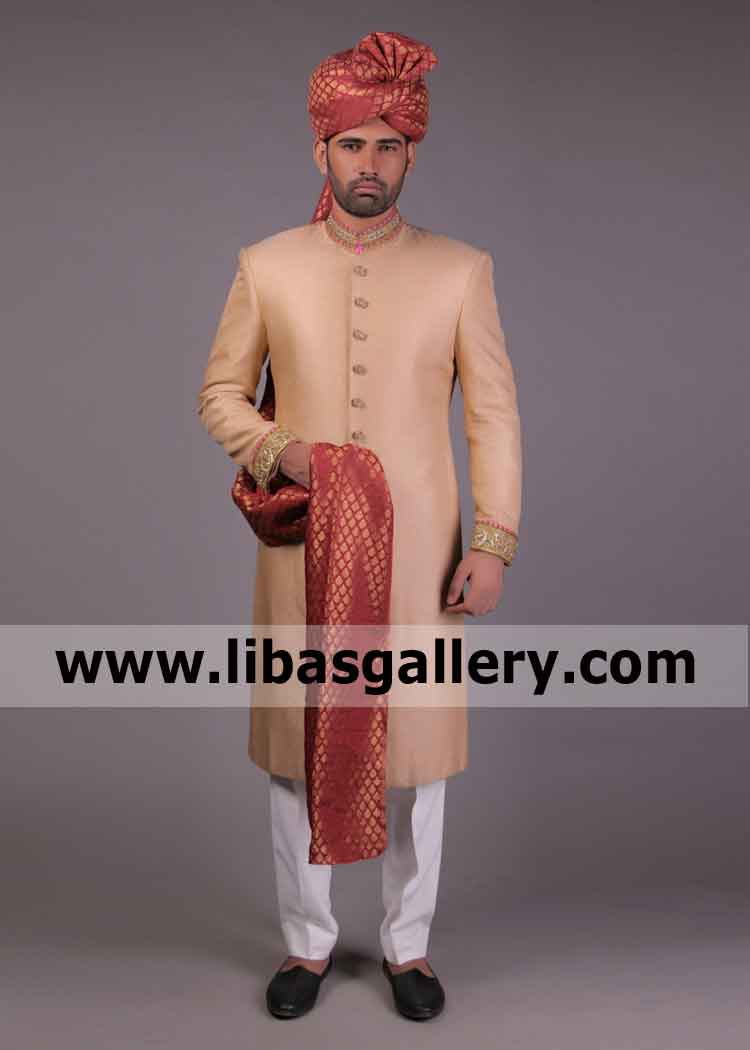 Mellow Apricot Mens Sherwani for Nikah Barat