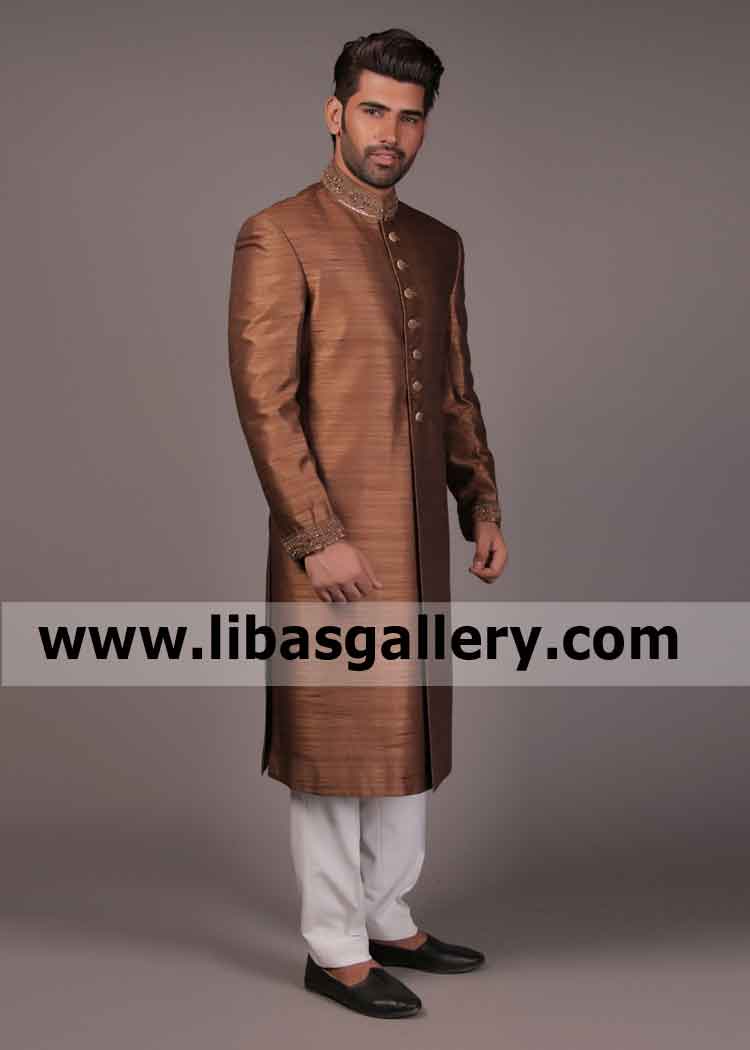 Brown Metallic Embroidered Wedding sherwani