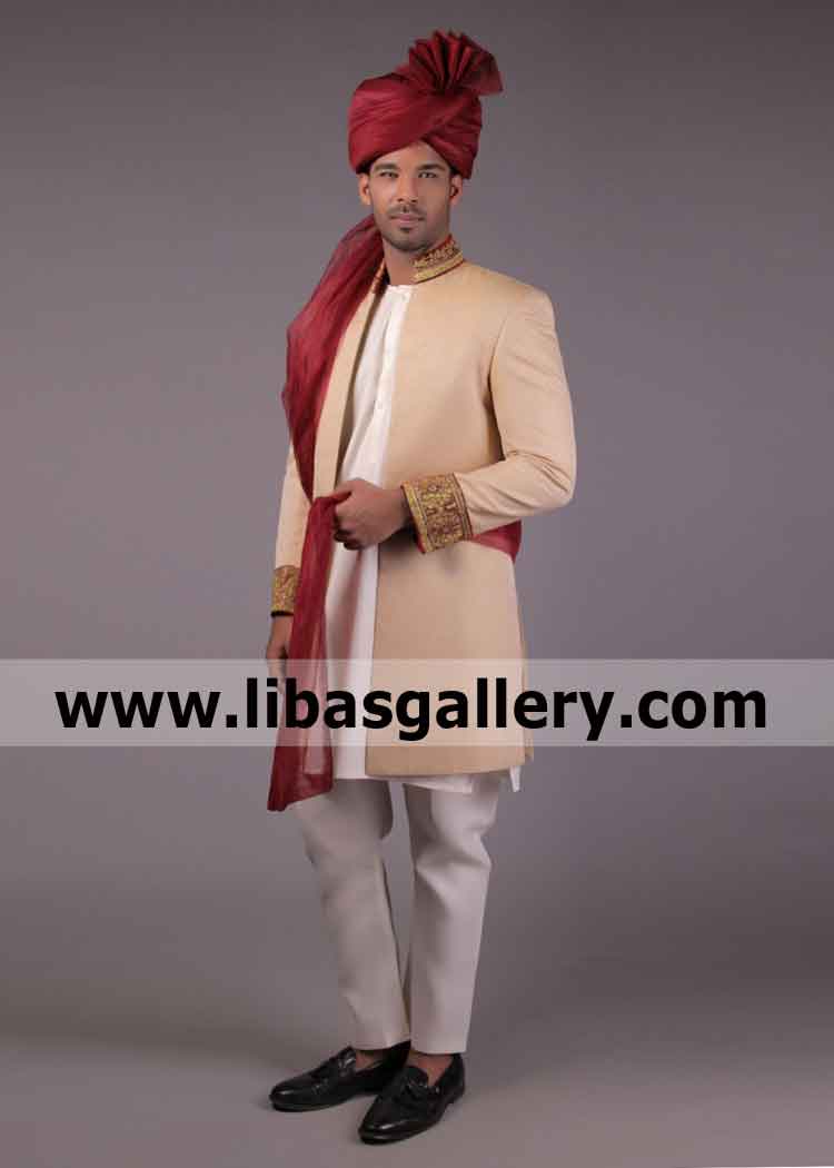 Desert Sand color wide work cuff groom marriage sherwani for nikah rukhsati order online Philadelphia San Antonio USA Desert Sand color wide work cuff groom marriage sherwani for nikah rukhsati order online Philadelphia San Antonio USA