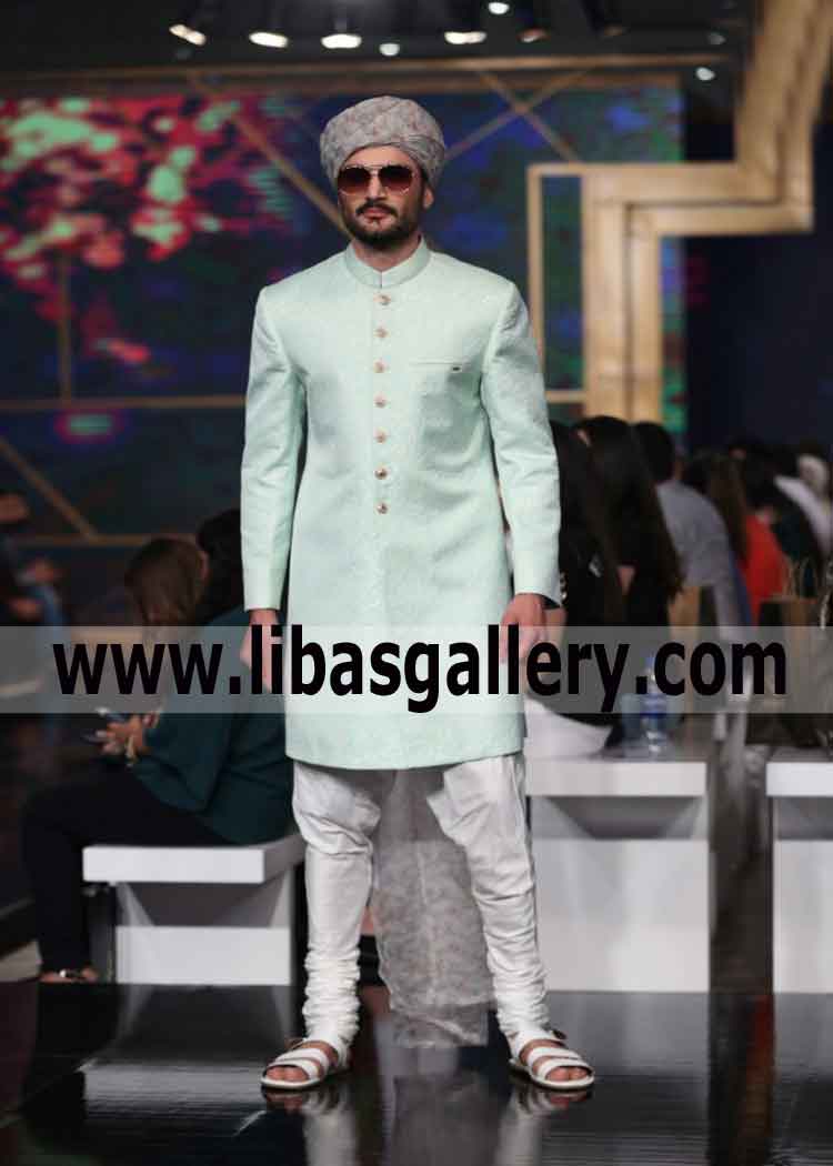 Light Shade Jamawar Men`s Sherwani Stitched