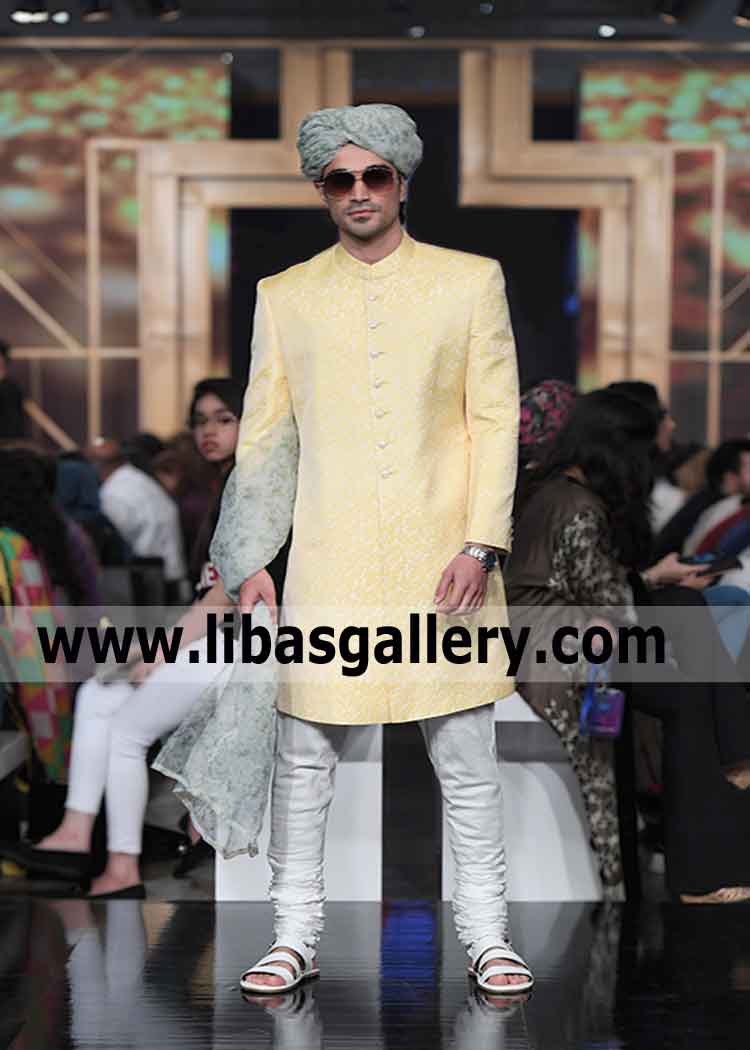 Lemon Yellow Jamawar Men`s Sherwani Article