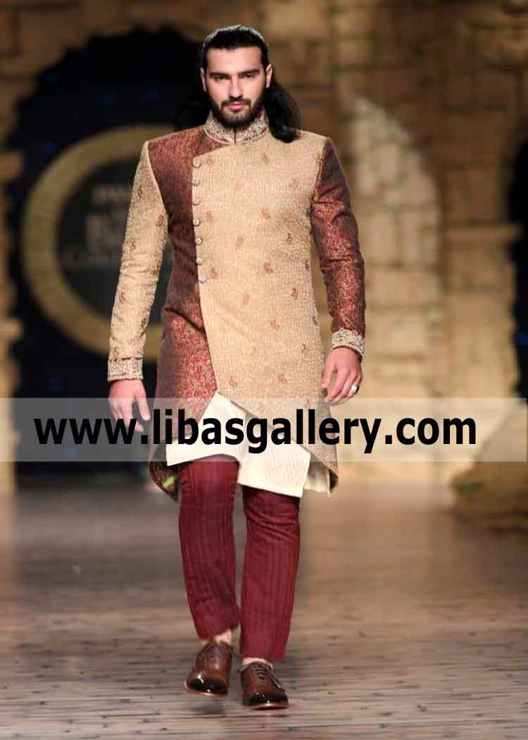 Angrakha Twin Color Jamawar Wedding Sherwani