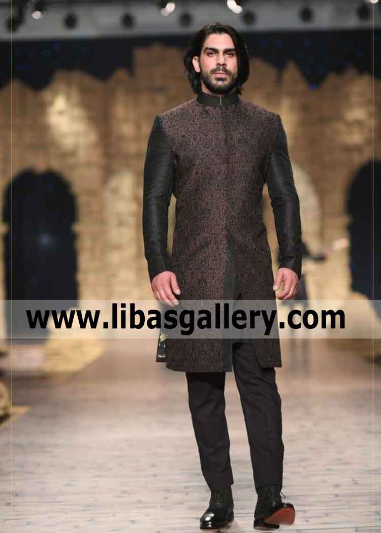 Power Classic Black Jamawar Wedding sherwani 