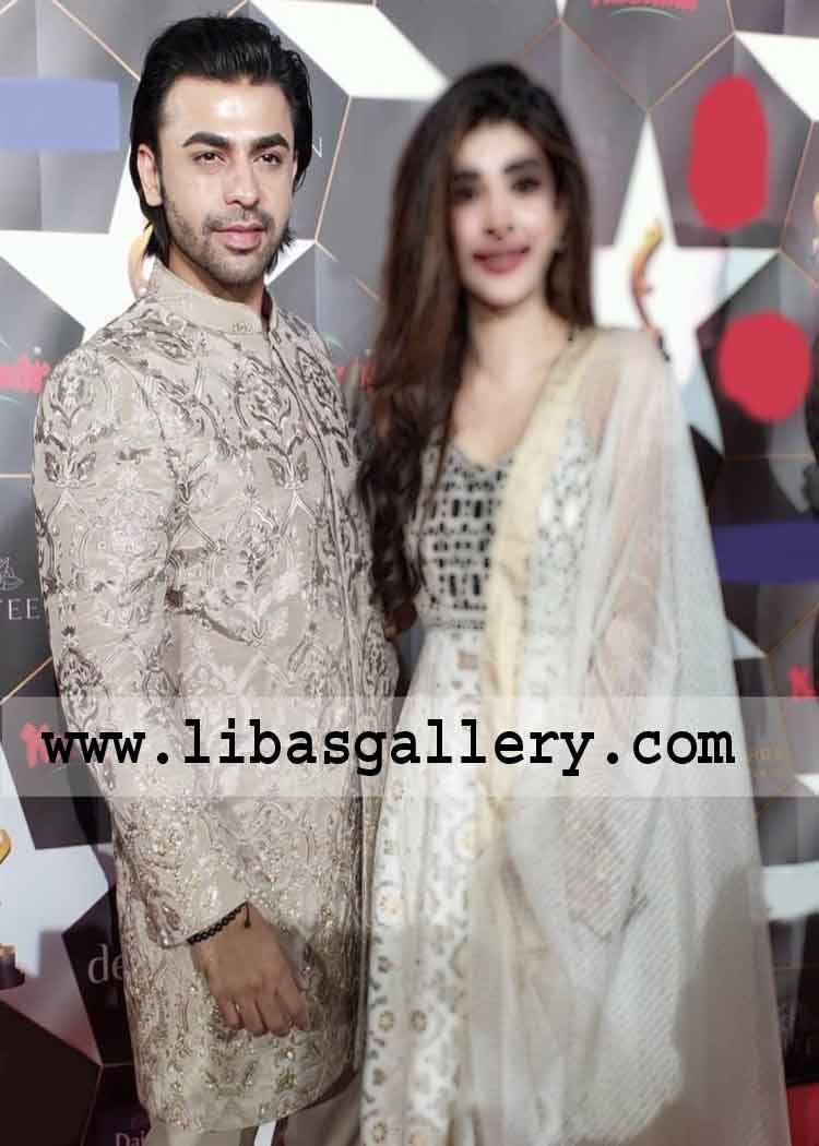 Embroidered Silver Gray Designer slim fit Wedding Sherwani Farhan Saeed