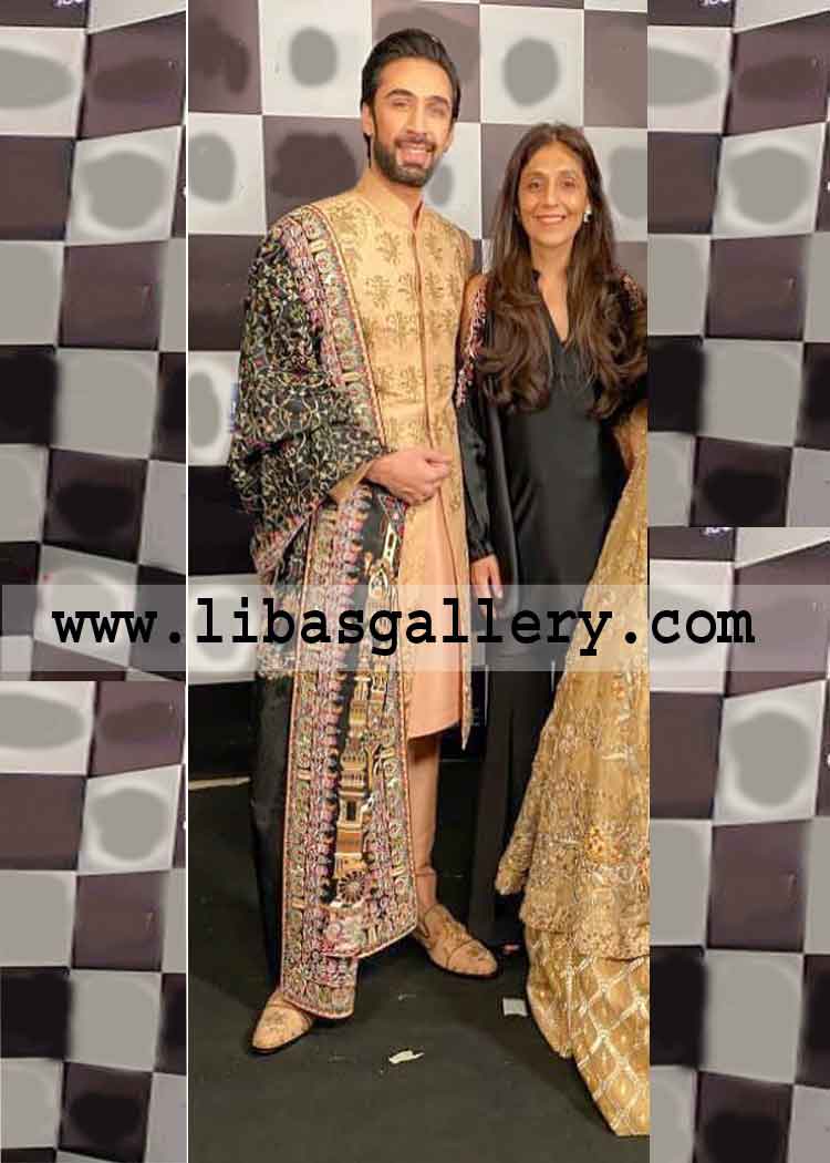 Beautiful Embroidered Groom wedding sherwani front and sleeves