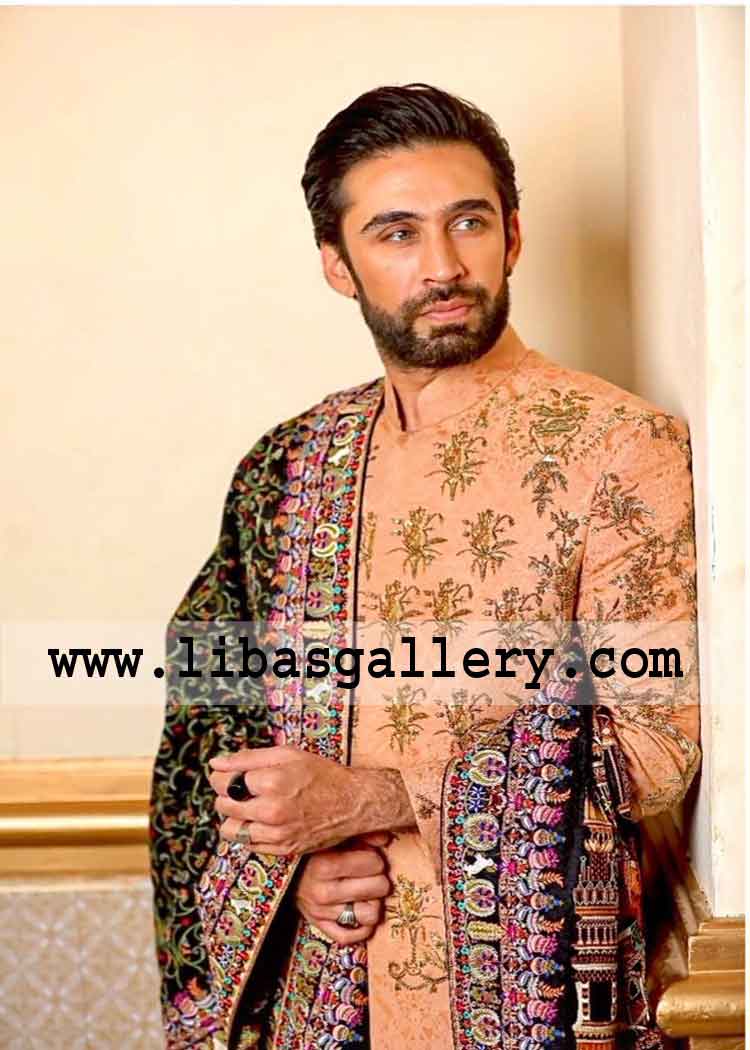 Beautiful Embroidered Groom wedding sherwani front and sleeves