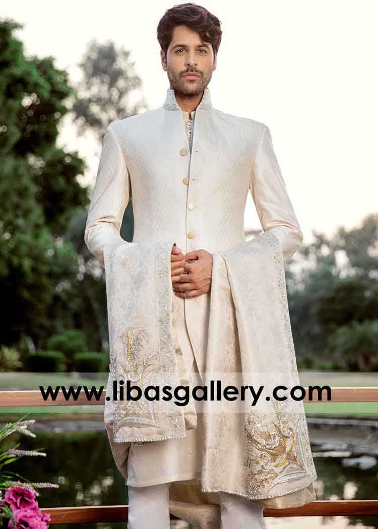 Off White Stand Collar Short length Gents Sherwani