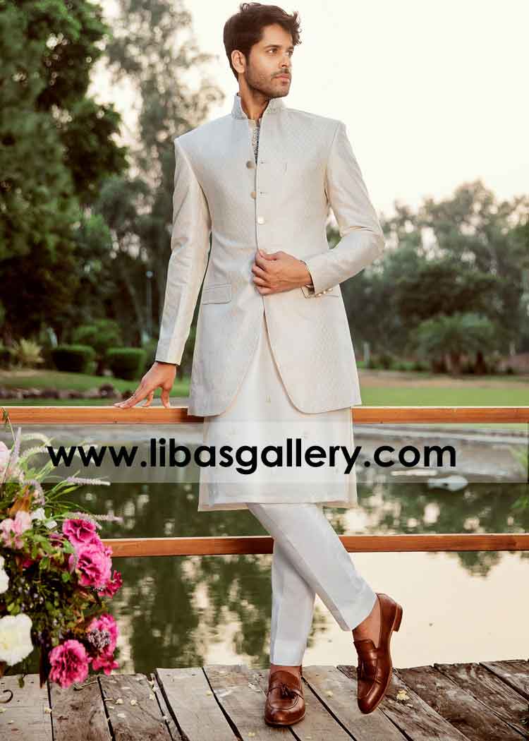 Off White Stand Collar Short length Gents Sherwani