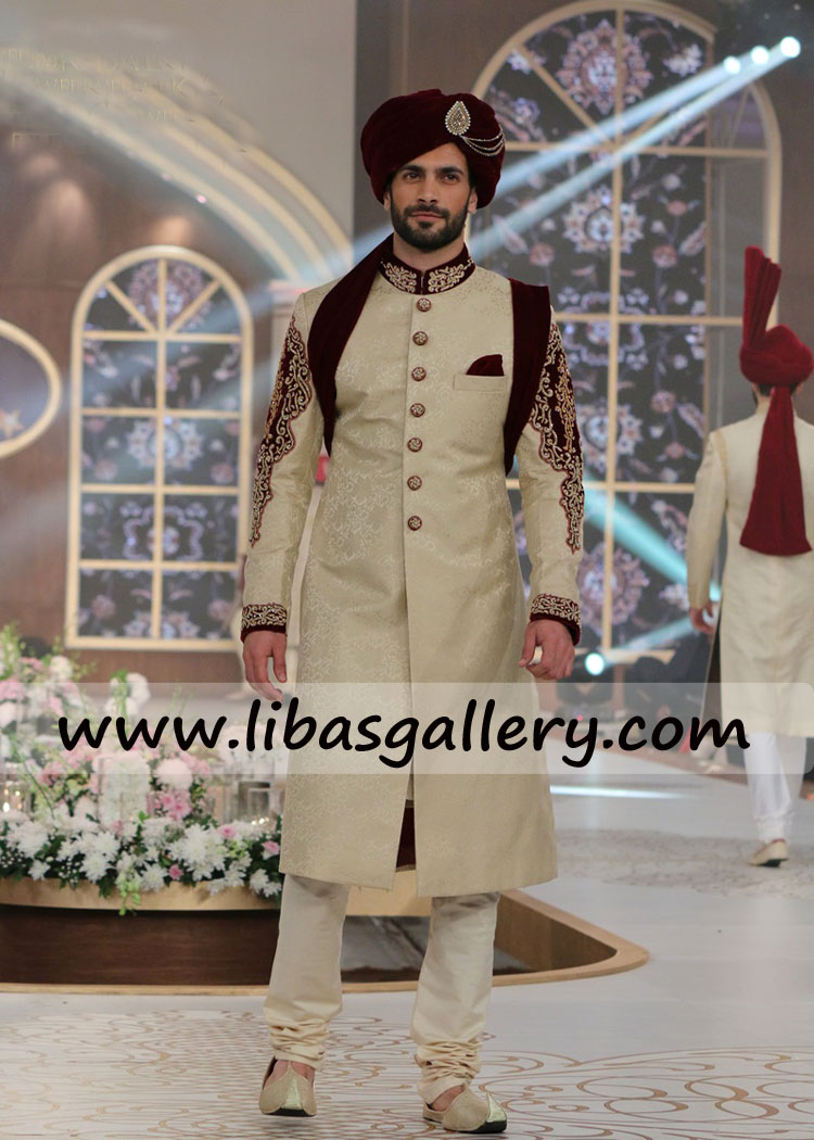 Cream Self Jamawar Groom Wedding Sherwani Daisy