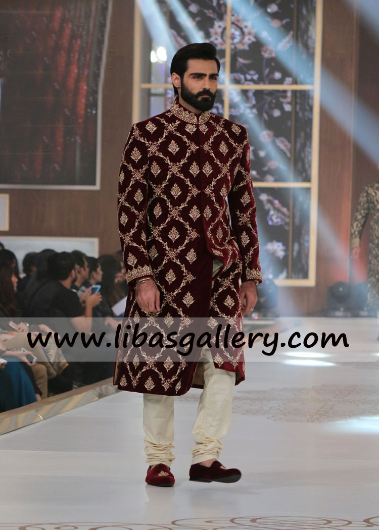 Ertugrul Maroon Velvet Groom sherwani 