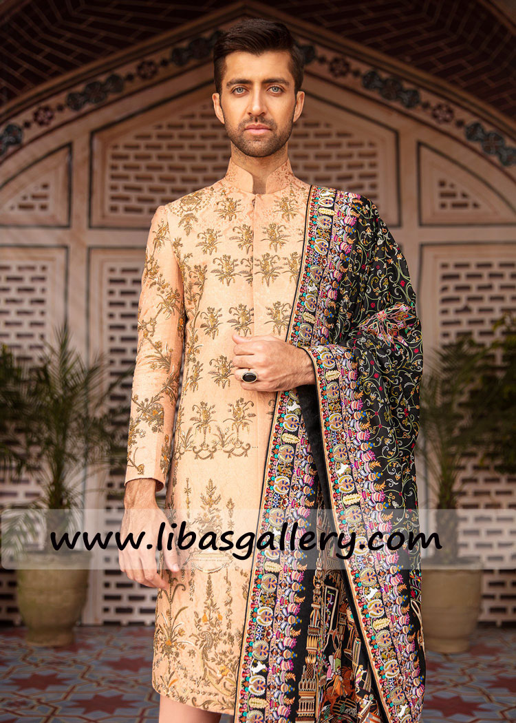Peach Sherwani thread and zardozi work