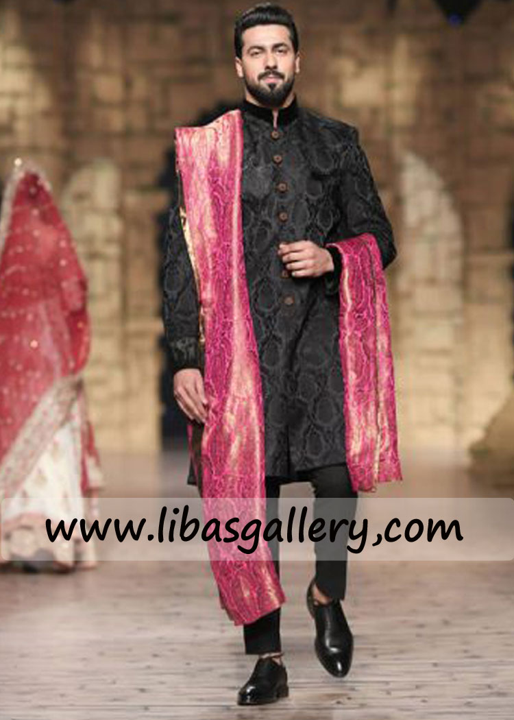 Upper knee length Groom Black Sherwani 