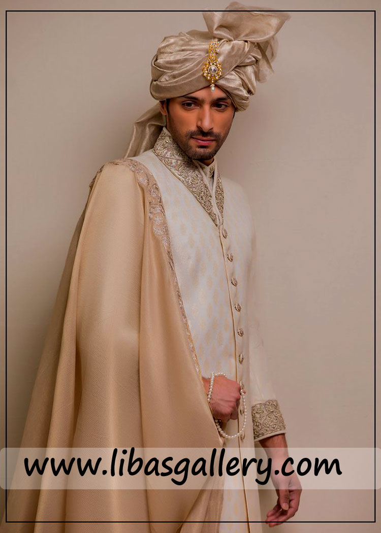 Royal style groom wedding sherwani with turban pre tied and matching embroidered khussa custom made achkan shop perth sydney Australia Royal style groom wedding sherwani with turban pre tied and matching embroidered khussa custom made achkan shop perth sydney Australia