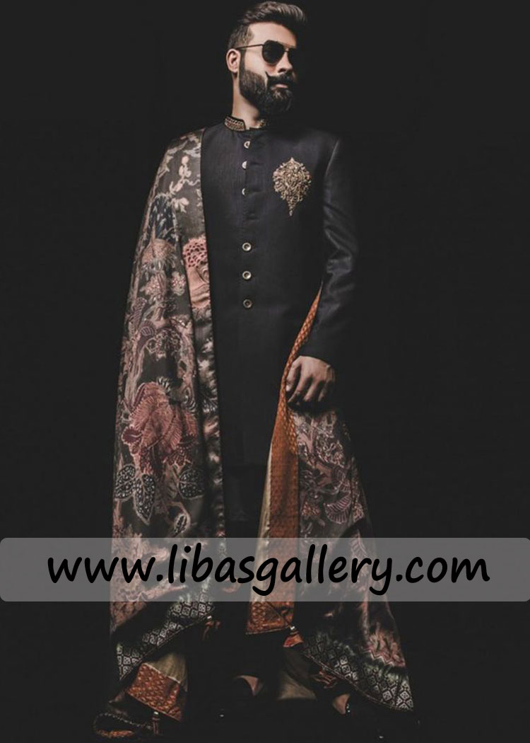 Big Mustache of Groom enhancing his smartness on Nikha Barat day in Black Sherwani Suit Dubai Australia New zealand Big Mustache of Groom enhancing his smartness on Nikha Barat day in Black Sherwani Suit Dubai Australia New zealand