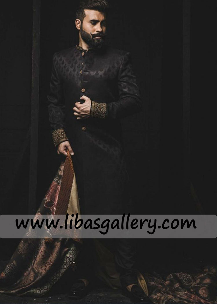 Jamawar Booti Design Black Embellished Wedding Sherwani for groom nikah barat time enjoy on wedding day Saudi Arabia Dubai Qatar Jamawar Booti Design Black Embellished Wedding Sherwani for groom nikah barat time enjoy on wedding day Saudi Arabia Dubai Qatar