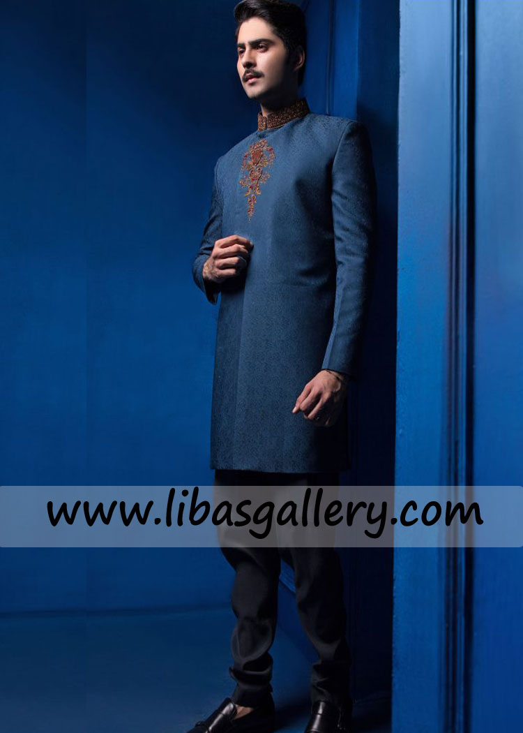 supremely happy Groom in Blue Wedding Sherwani