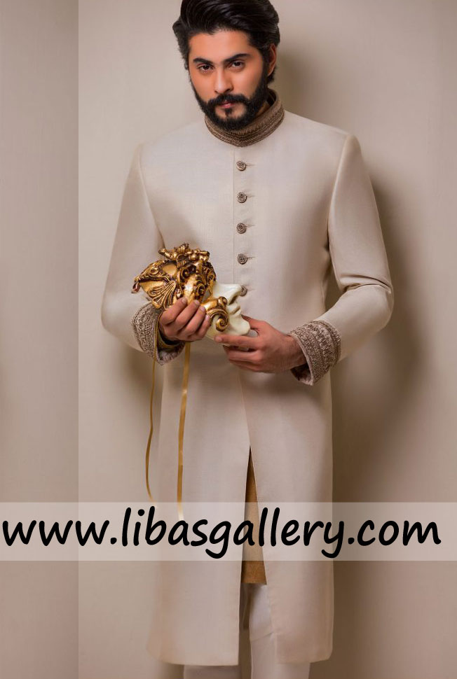 Brave Dulha wearing off white raw silk wedding sherwani collar cuff work happy nikah moments UK USA Canada Brave Dulha wearing off white raw silk wedding sherwani collar cuff work happy nikah moments UK USA Canada