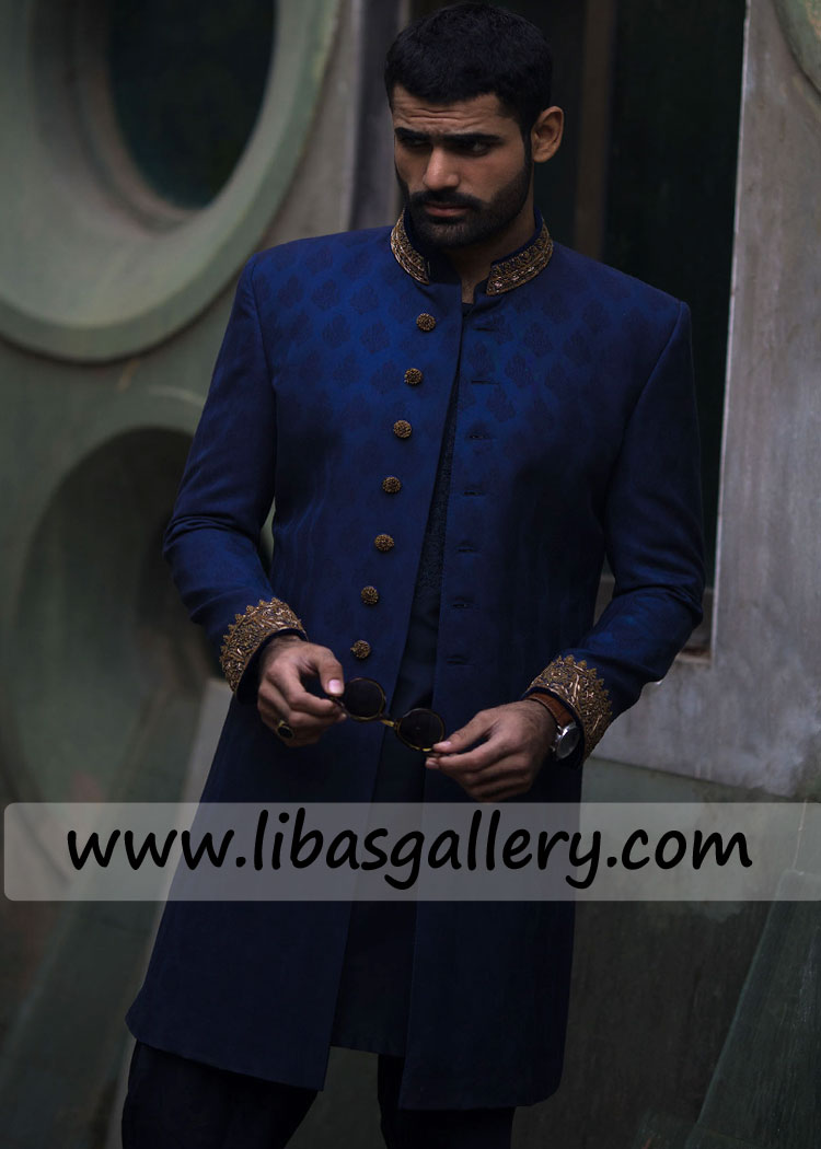 Blue Jamawar Latest Embellished Groom Nikah sherwani