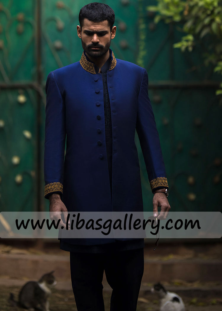 Raw silk Blue good looking Groom embellished Wedding jacket