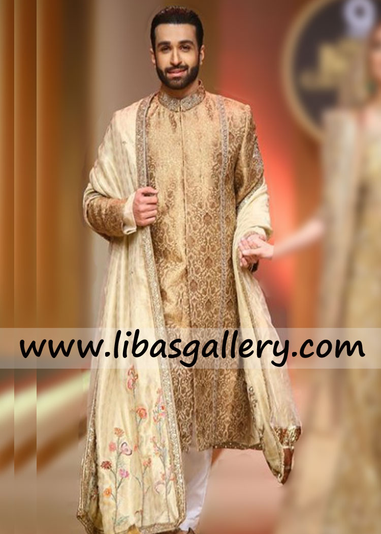 Gold Jamawar Embellished Wedding Sherwani