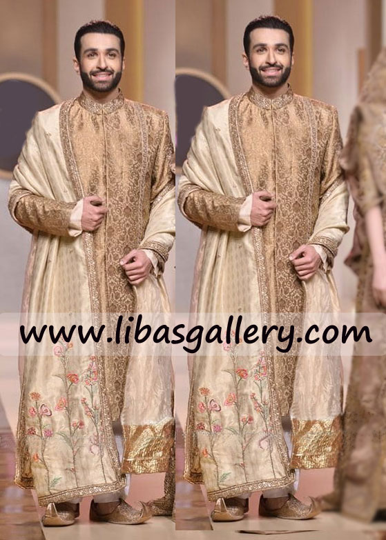 Gold Jamawar Embellished Wedding Sherwani