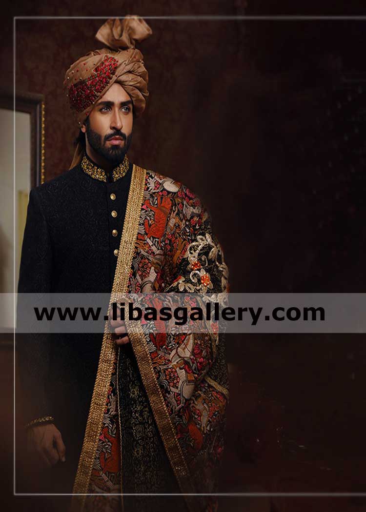 Black gold Embellished Wedding Sherwani Design