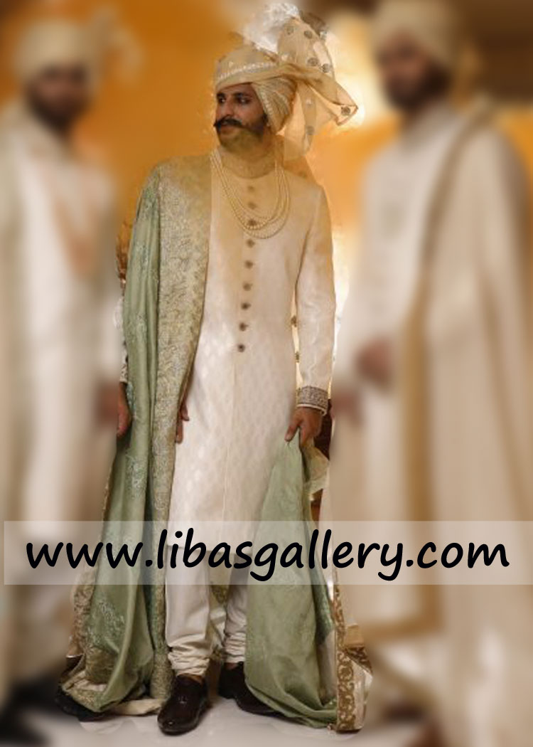Groom Wedding with Bride Jamawar Light Shade Sherwani