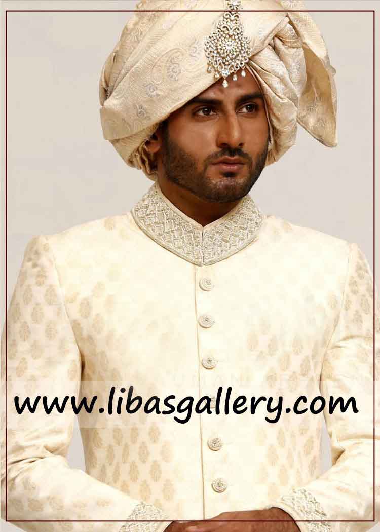 Traditional light shade jamawar embellished sherwani
