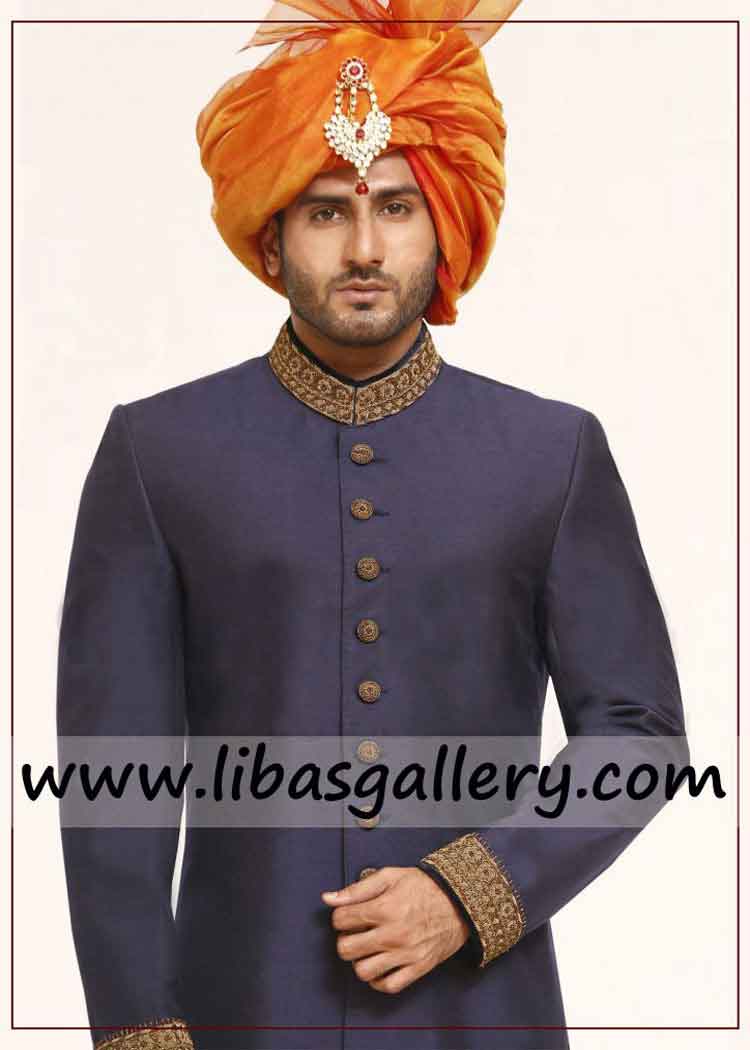 Antique gold collar cuff work purple blue Groom sherwani matching embellished buttons turban khussa on additional price Dhaka Chattogram Bangladesh