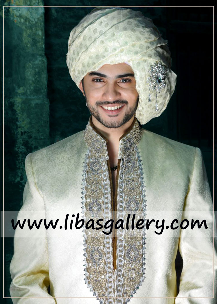 Embellished Collar jamawar light shade Groom Sherwani