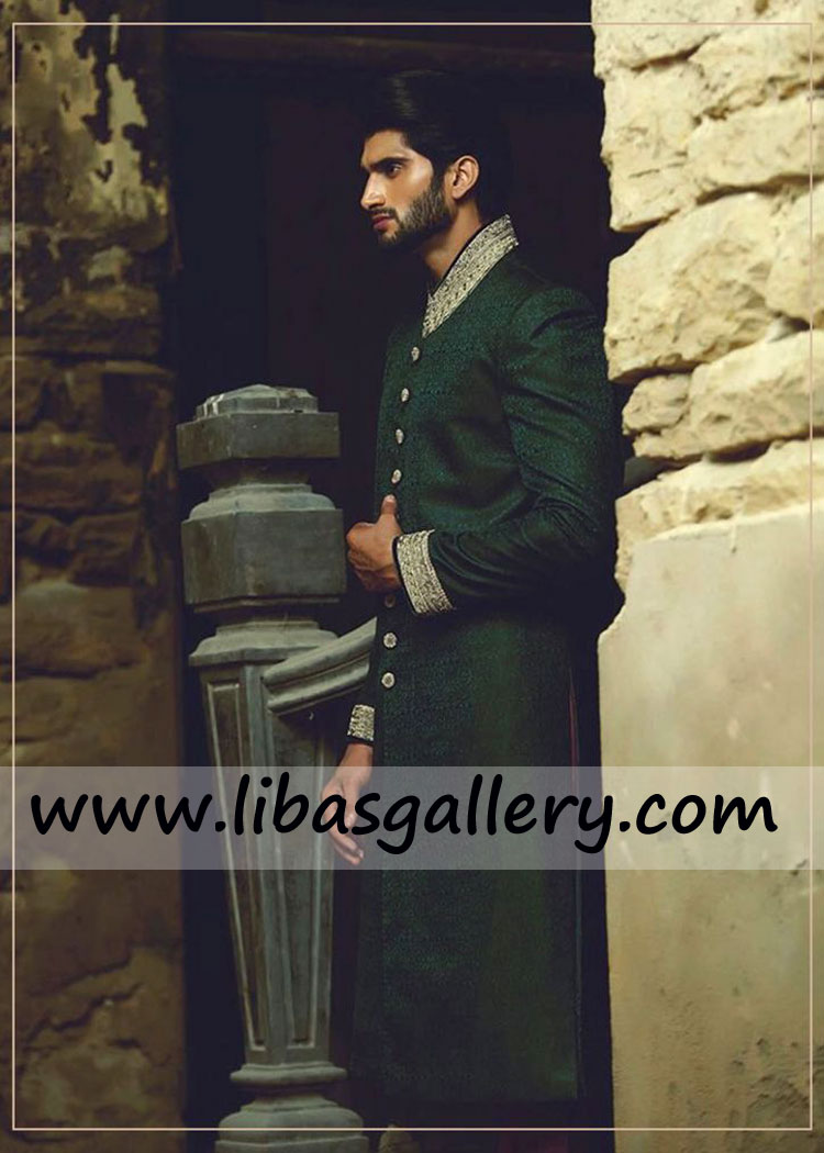 Sober Groom Dark Green Sherwani Silver Embellishment