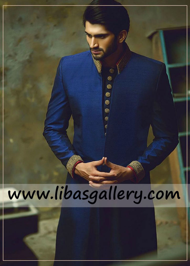 Handsome Groom planning in Blue Designer Sherwani
